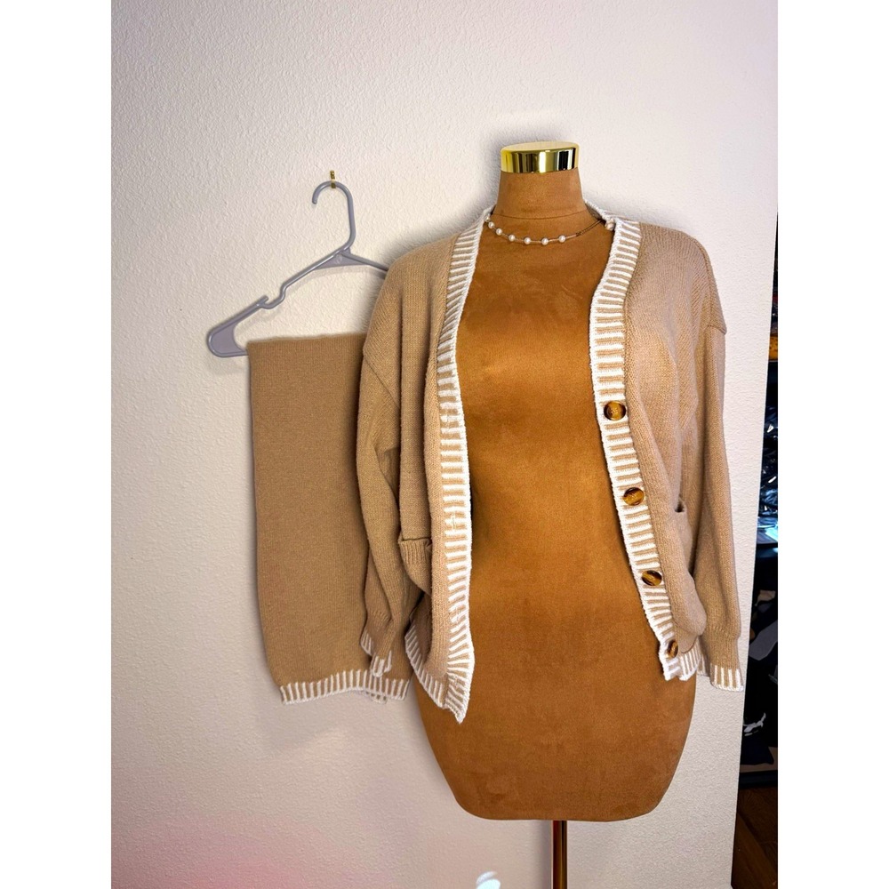 Unbranded Womens Beige White Striped Trim V-Neck Cardigan Sweater Set Size M